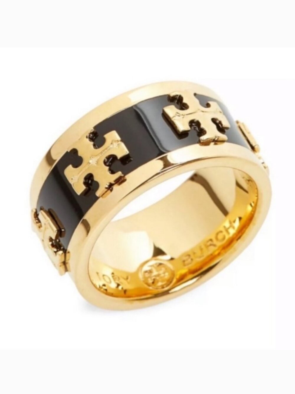 Tory Burch Kira Enamel Logo Ring Black Gold Tone Statement Ring size7